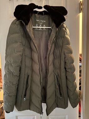 Nautica Dark Olive Quilted Jacket with Faux Fur Trim